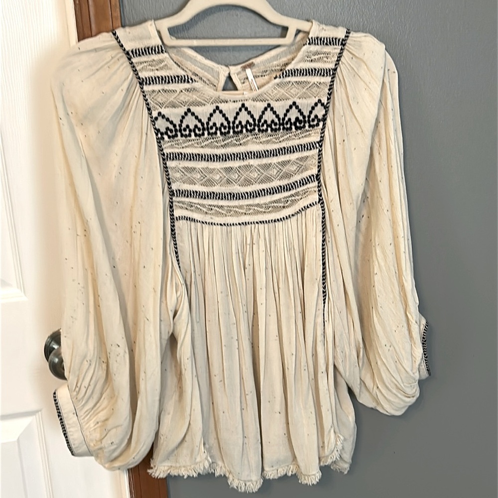 Free People Cream Pleated Bib Collar Blouse